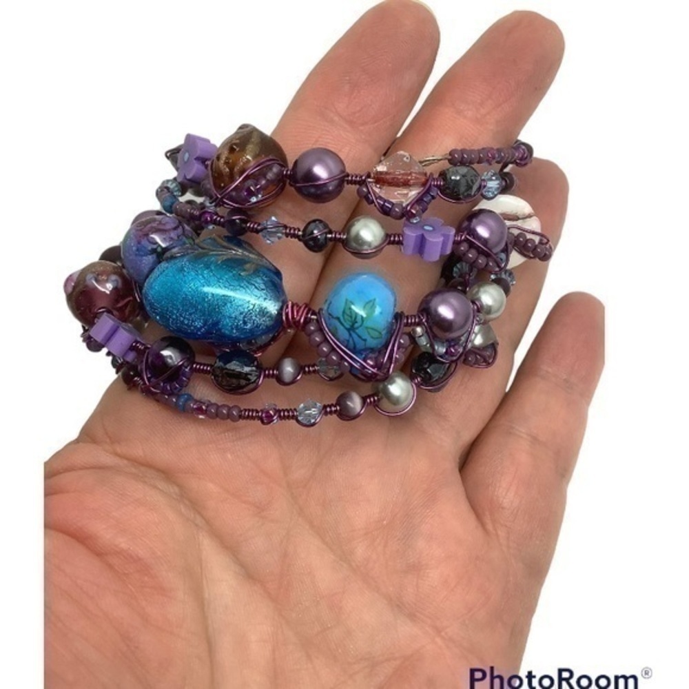 Blue and purple Beaded coil bracelet